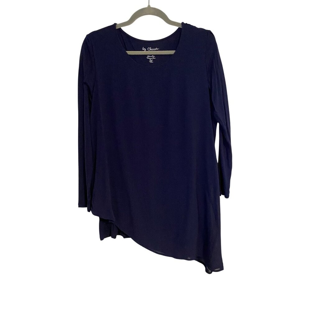 Chico's 2 Top Women's L Navy Asymmetrical Hem Long-Sleeve Tunic Lagenlook Boho